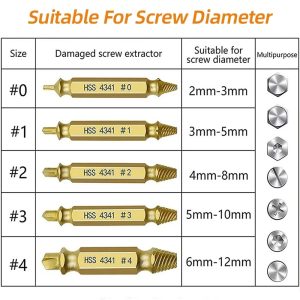 5pc Extractor Double Head Screw Slide Tooth Removal Tool Screwdriver Atch Head Electric Tool Accessory Set (Titanium Plating & Natural Color)