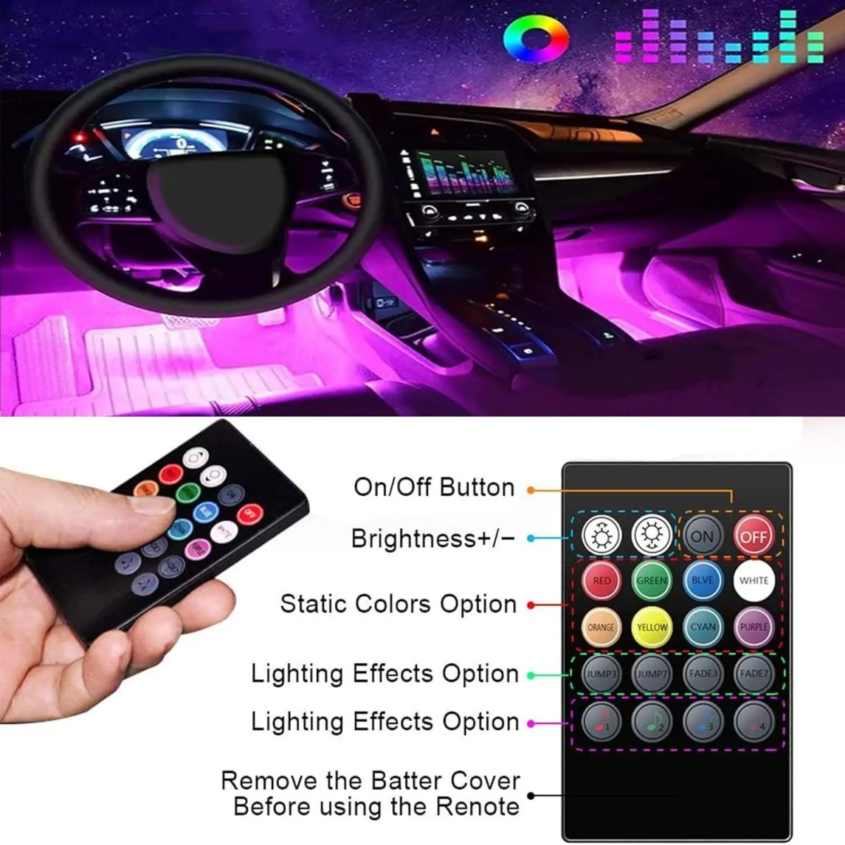Car LED Interior Lights, 4-in-1 48 LED Remote Controlled Car LED Light Strip with Lighter Adapter - Image 2