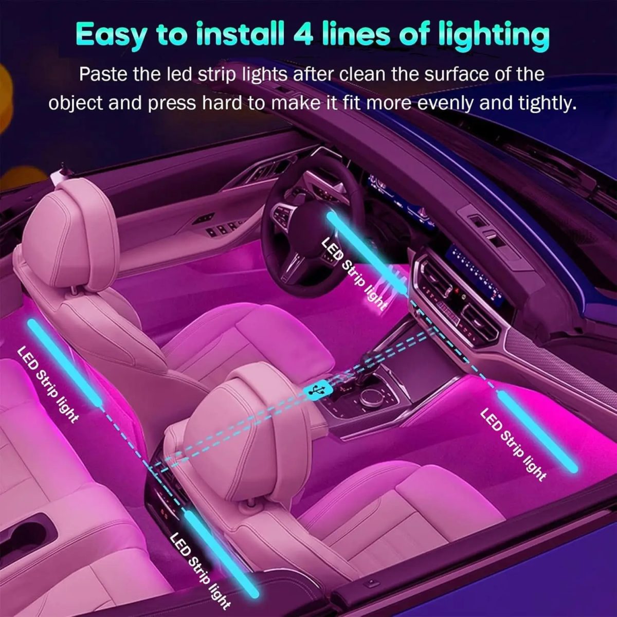 Car LED Interior Lights, 4-in-1 48 LED Remote Controlled Car LED Light Strip with Lighter Adapter - Image 3